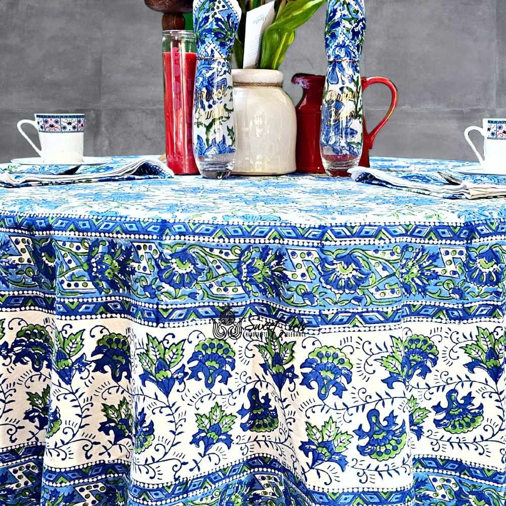 Blossom Burst Cotton Block Print Tablecloth Round, Blue Lagoon - Sweet Us