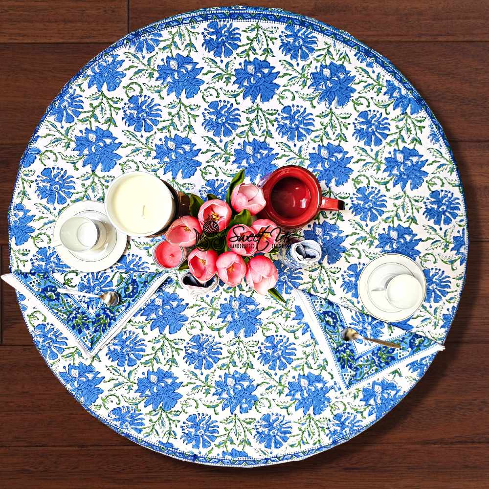 Blossom Burst Cotton Block Print Tablecloth Round, Blue Lagoon - Sweet Us