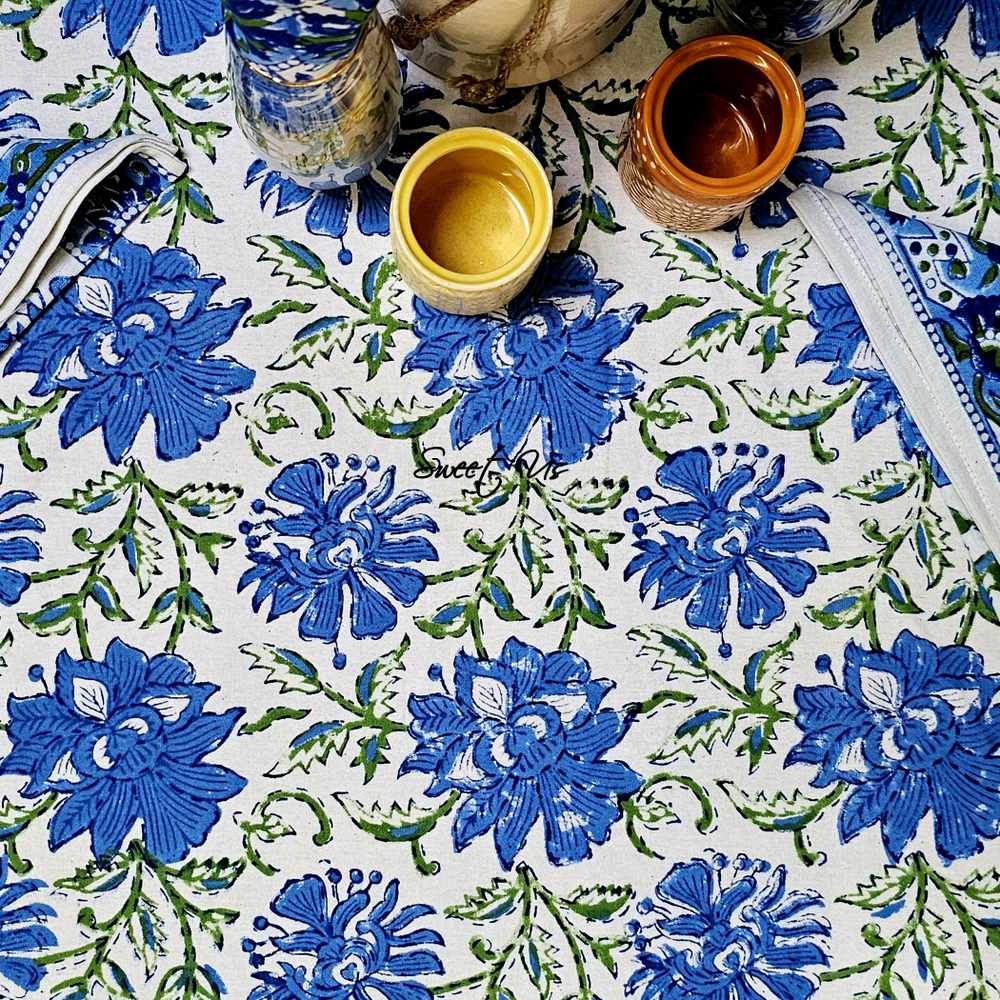 Blossom Burst Cotton Block Print Tablecloth Round, Blue Lagoon - Sweet Us