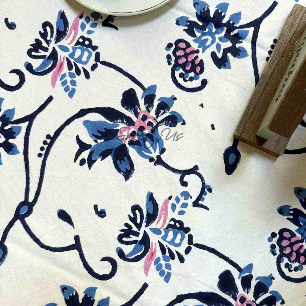 Magnolia Floral Cotton Block Print Tablecloth Round, Rose Bébé - Sweet Us