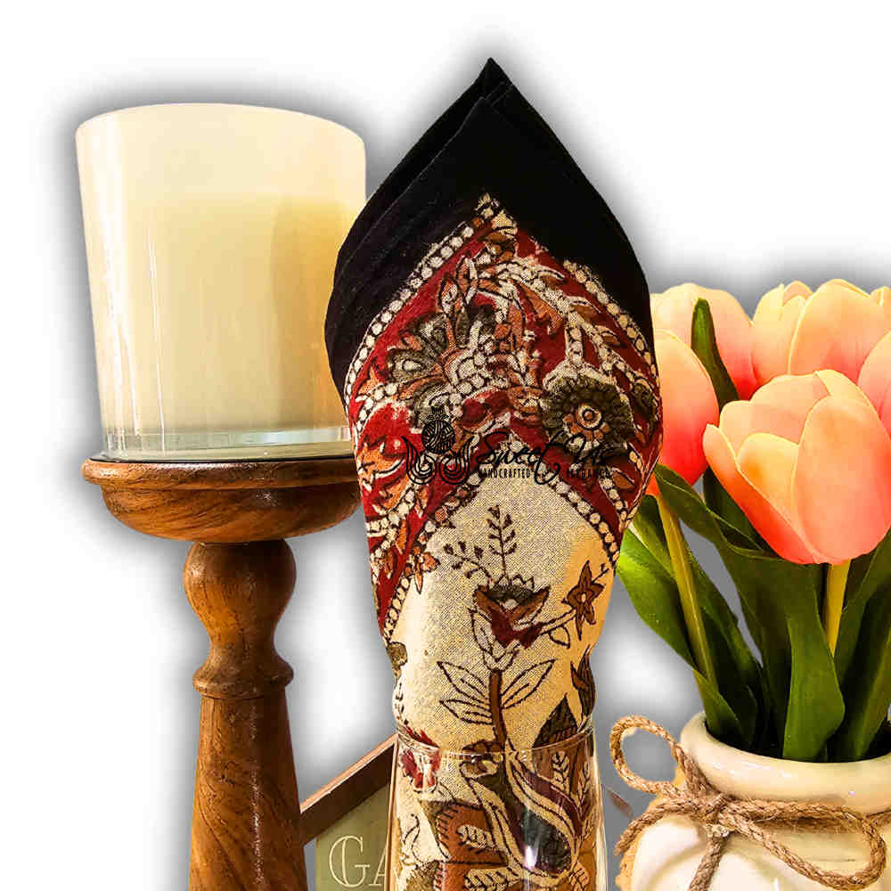 Rustic Autumn Floral Block Print Cotton Set of Four Napkins