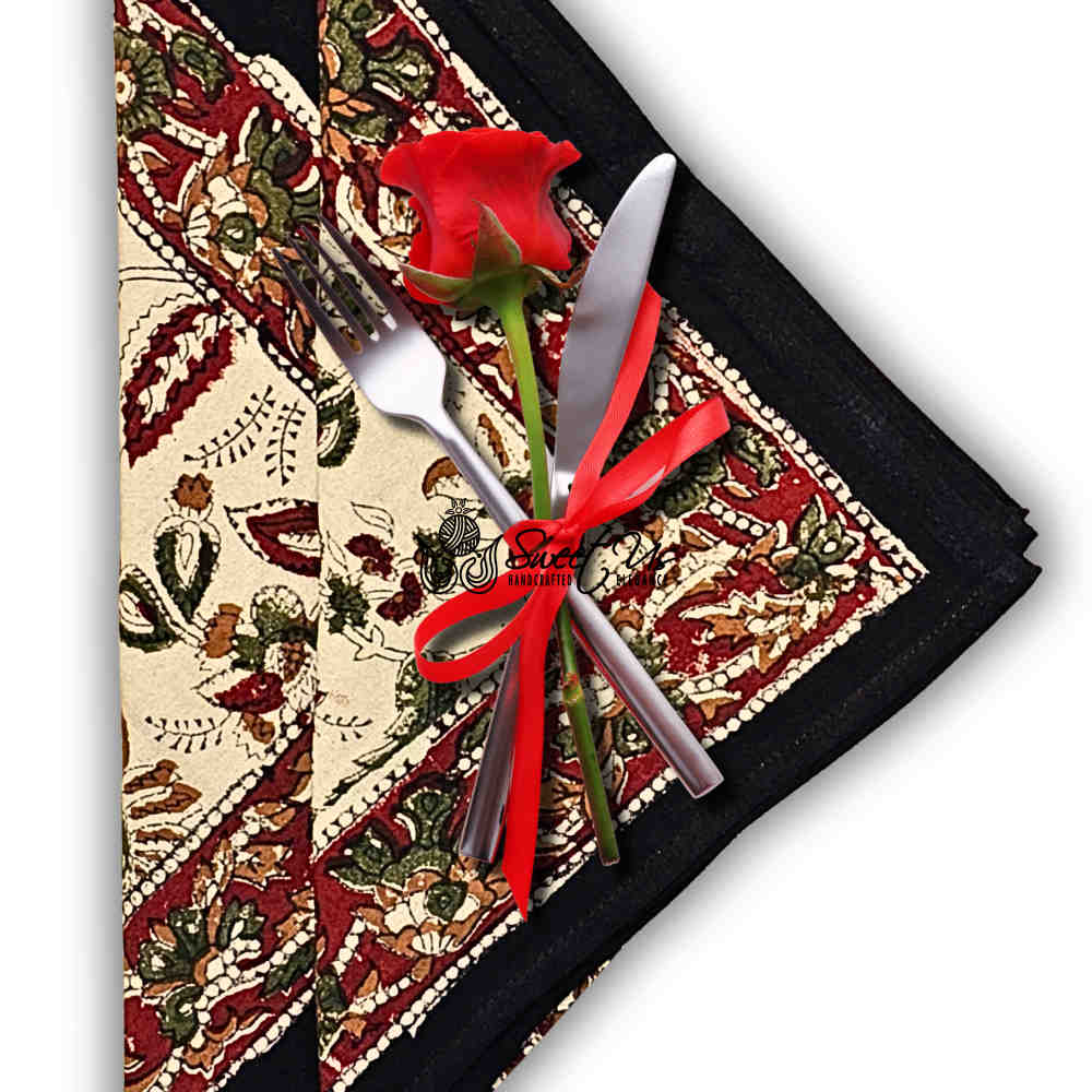 Rustic Autumn Floral Block Print Cotton Set of Four Napkins