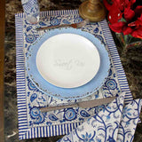 Stella Floral Block Print Cotton Tablecloth Collection, Blue Opal