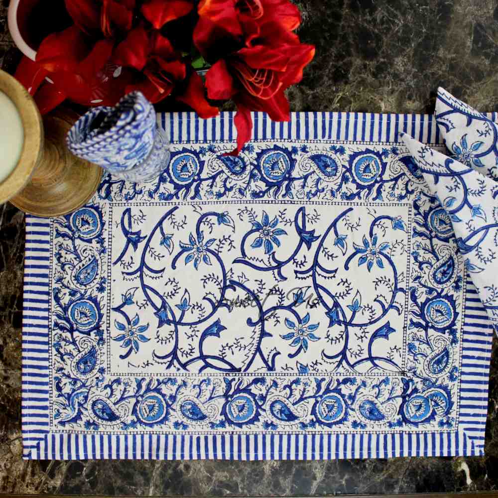 Stella Floral Block Print Cotton Tablecloth Collection, Blue Opal - Sweet Us