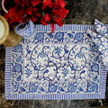 Stella Floral Block Print Cotton Tablecloth Collection, Blue Opal - Sweet Us