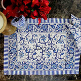 Stella Floral Block Print Cotton Tablecloth Collection, Blue Opal