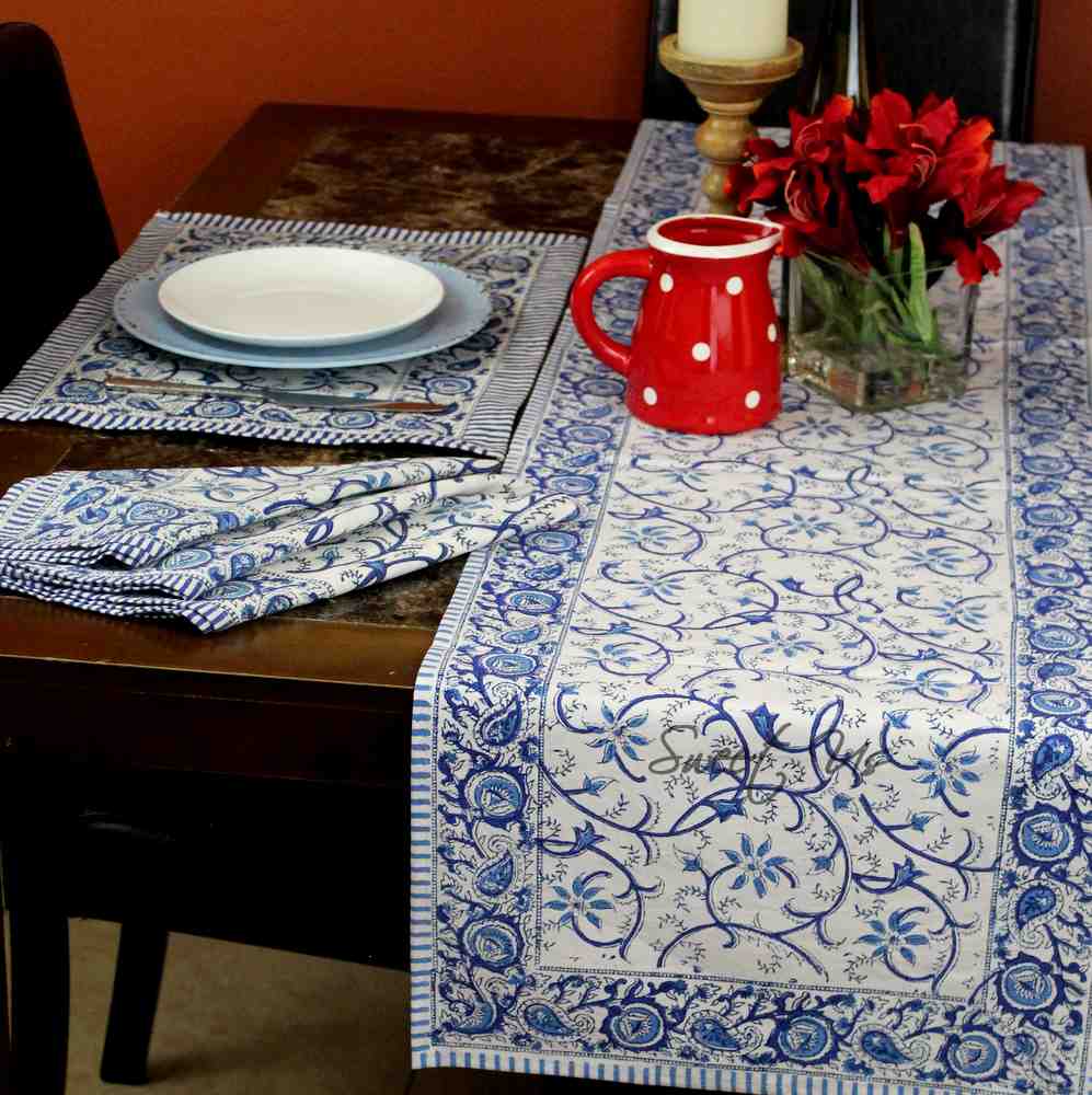 Stella Floral Block Print Cotton Tablecloth Collection, Blue Opal - Sweet Us