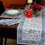 Stella Floral Block Print Cotton Tablecloth Collection, Blue Opal