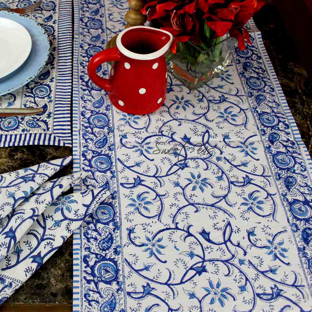 Stella Floral Block Print Cotton Tablecloth Collection, Blue Opal