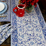 Stella Floral Block Print Cotton Tablecloth Collection, Blue Opal