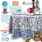 Stella Floral Block Print Cotton Tablecloth Collection, Blue Opal