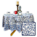 Stella Floral Block Print Cotton Tablecloth Collection, Blue Opal - Sweet Us