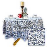 Stella Floral Block Print Cotton Tablecloth Collection, Blue Opal