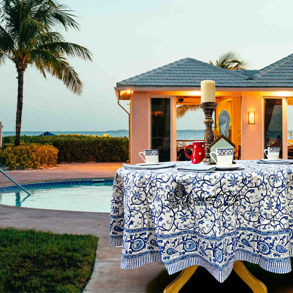Stella Floral Block Print Cotton Tablecloth Collection, Blue Opal - Sweet Us
