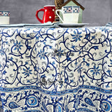 Stella Floral Block Print Cotton Tablecloth Collection, Blue Opal