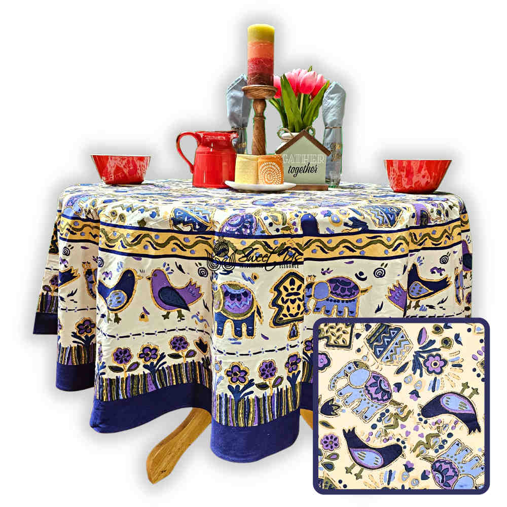 Safari Soiree Avian Floral Cotton Tablecloth Round, Violet Gold