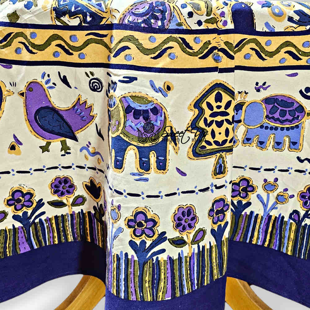 Safari Soiree Avian Floral Cotton Tablecloth Round, Violet Gold