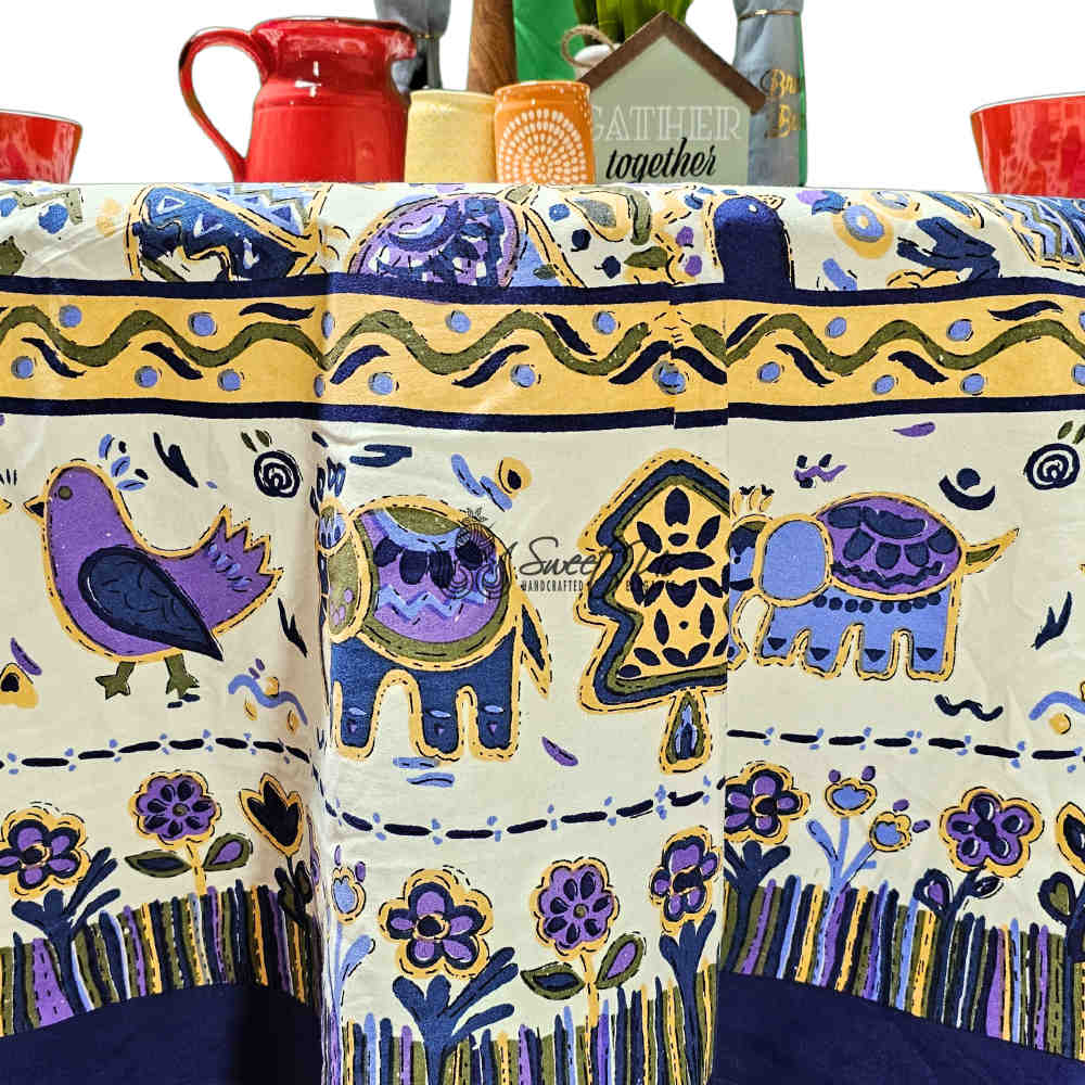 Safari Soiree Avian Floral Cotton Tablecloth Round, Violet Gold