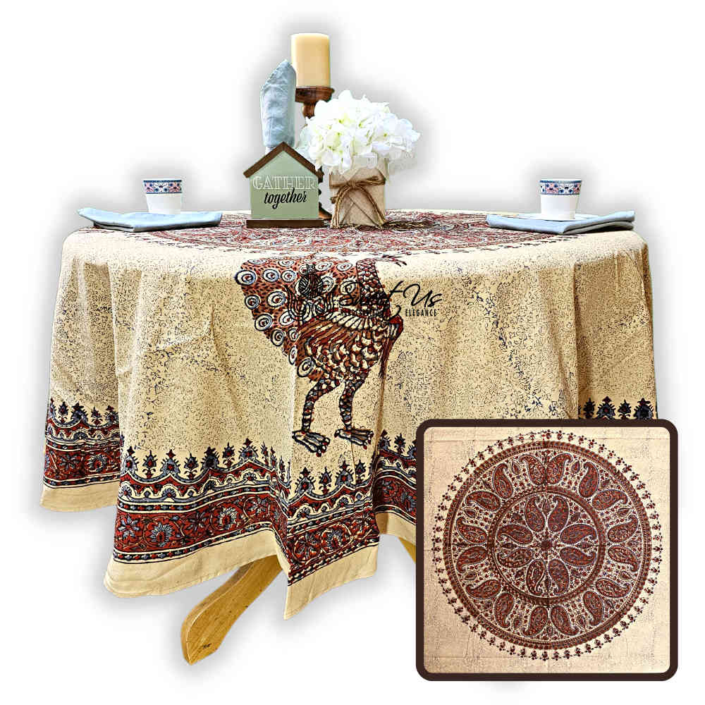 Peacock Paradise Paisley Organic Block Print Cotton Tablecloth Round - Sweet Us