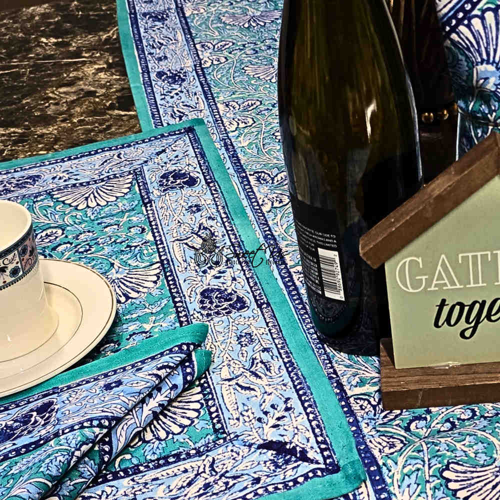 Mystic Lotus Floral Cotton Block Print Set of 4 Placemats, Ocean Breeze