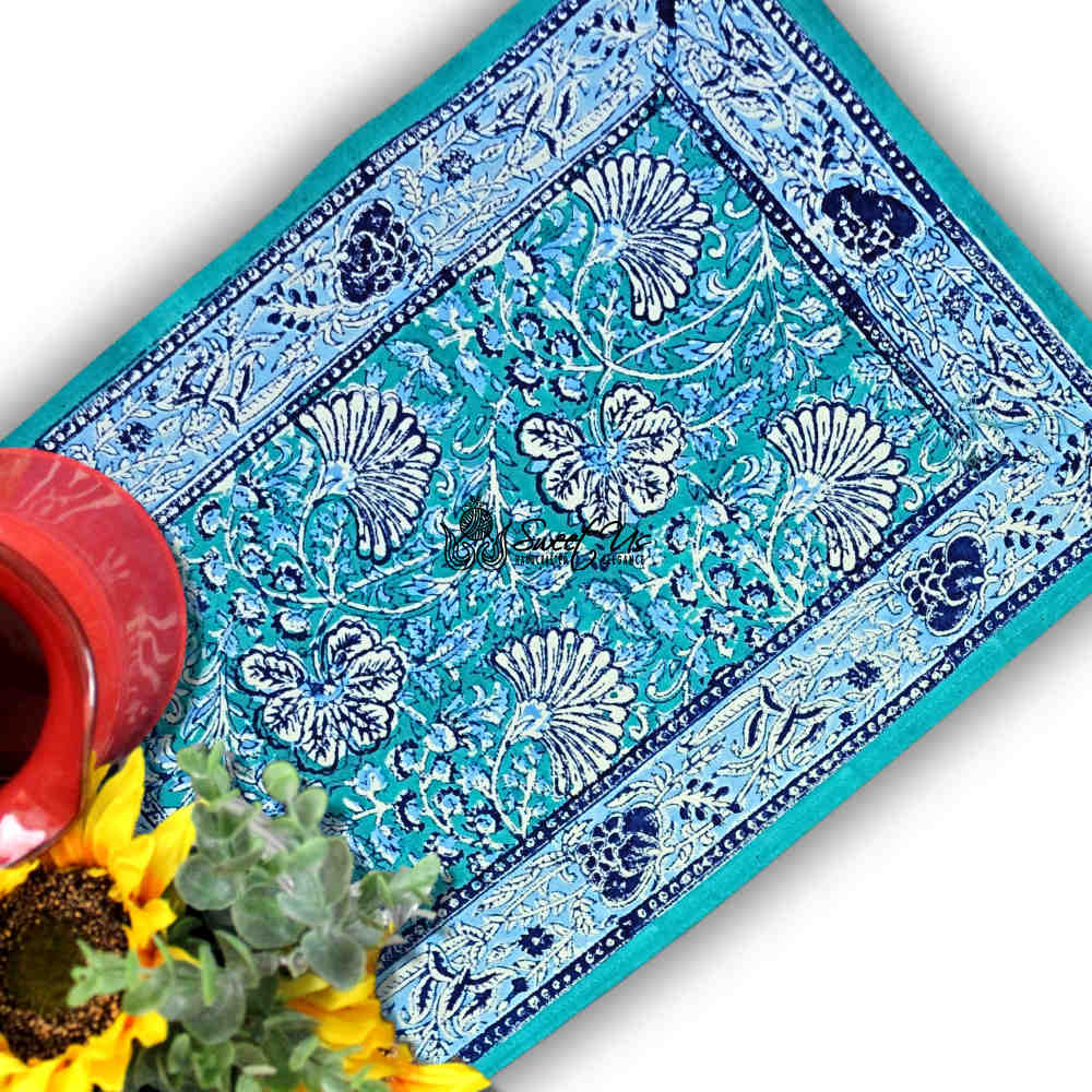 Mystic Lotus Floral Cotton Block Print Set of 4 Placemats, Ocean Breeze