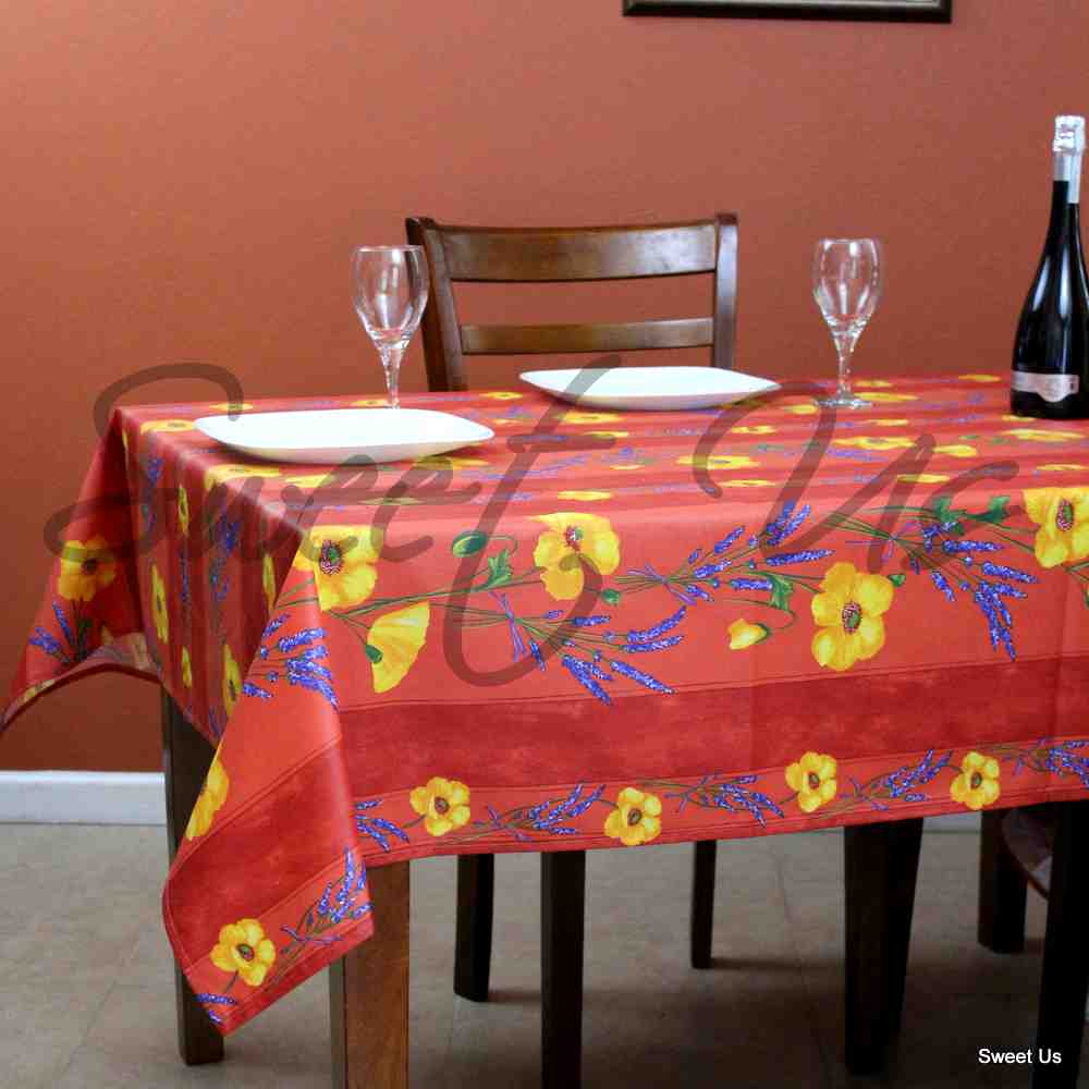 Wipeable Tablecloth Rectangle Spillproof French Acrylic Coated Poppy, Peach