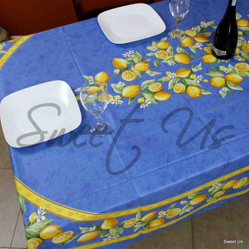 Le Citron Wipeable Acrylic Coated Cotton Tablecloth Rectangle, Bleu