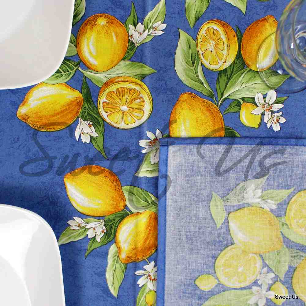 Le Citron Wipeable Acrylic Coated Cotton Tablecloth Rectangle, Bleu