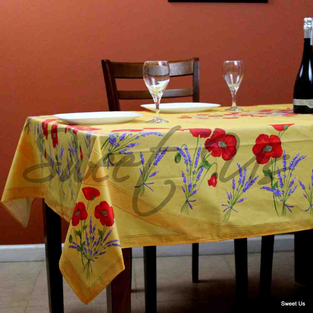 Wipeable Tablecloth Rectangle Spillproof French Acrylic Coated Poppy, Yellow