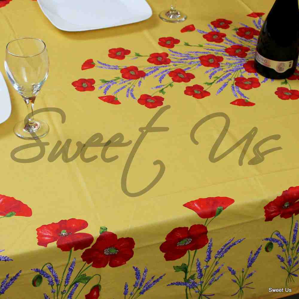 Wipeable Tablecloth Rectangle Spillproof French Acrylic Coated Poppy, Yellow