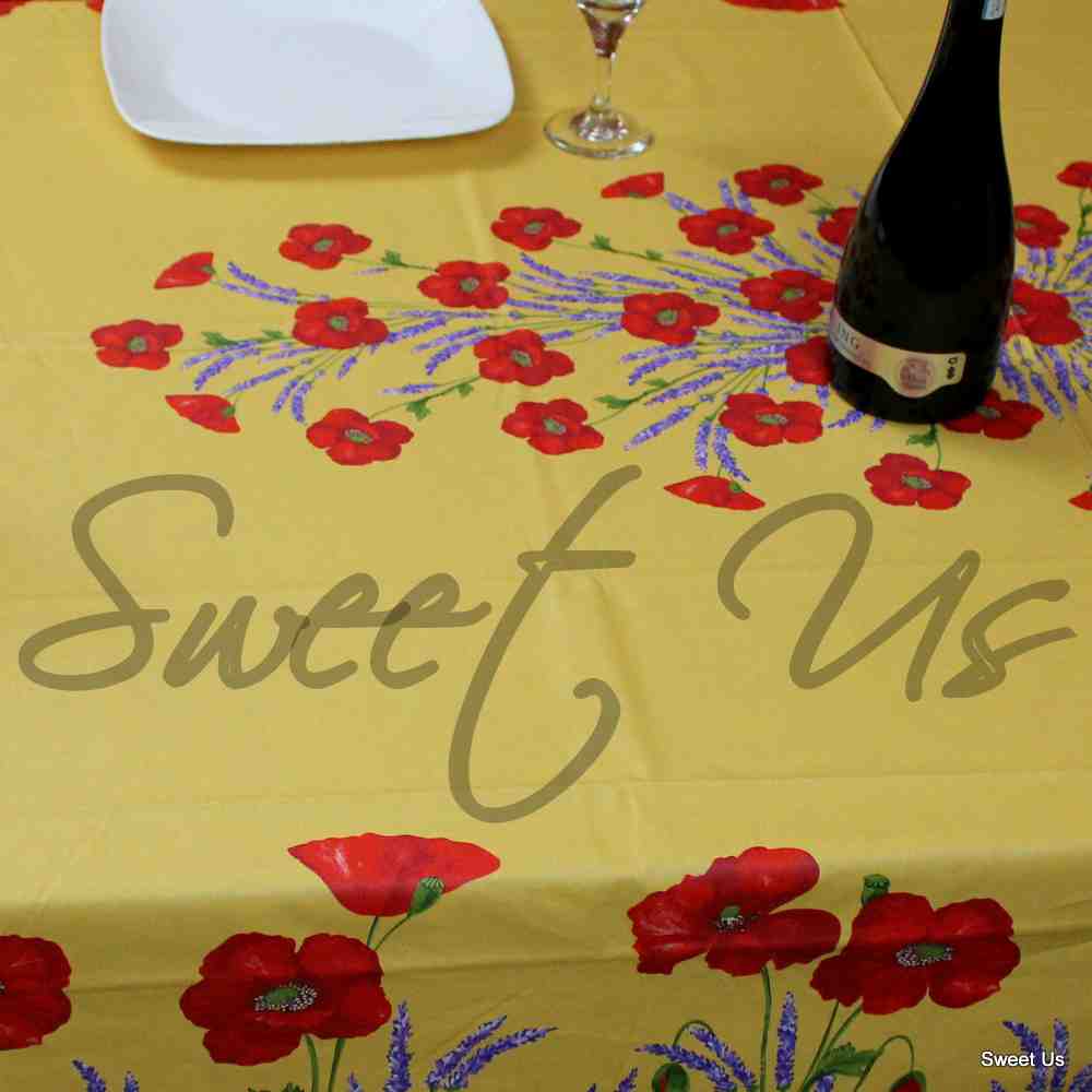 Wipeable Tablecloth Rectangle Spillproof French Acrylic Coated Poppy, Yellow