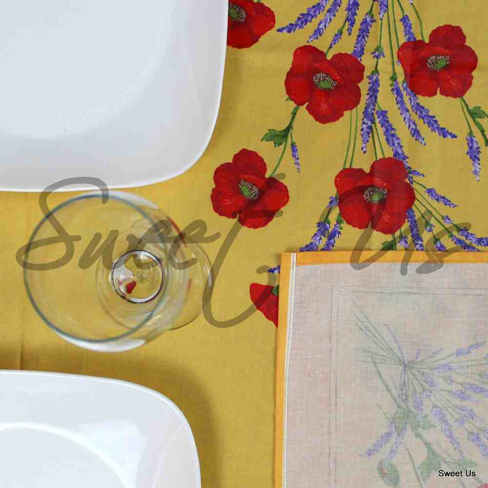 Wipeable Tablecloth Rectangle Spillproof French Acrylic Coated Poppy, Yellow