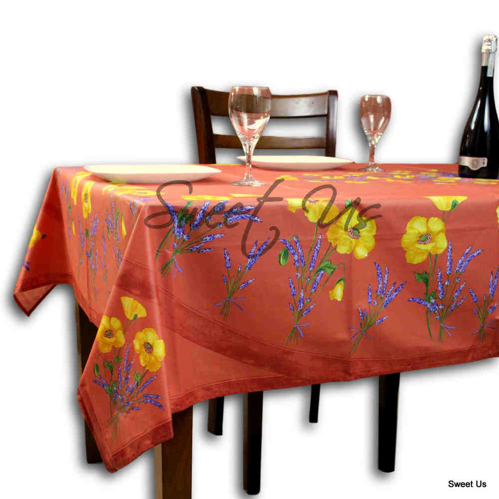 Wipeable Tablecloth Rectangle Spillproof French Acrylic Coated Poppy, Peach