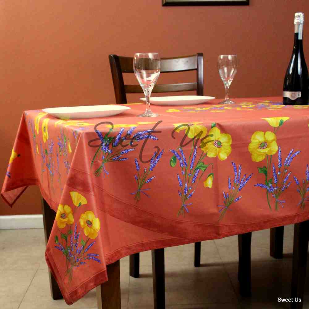 Wipeable Tablecloth Rectangle Spillproof French Acrylic Coated Poppy, Peach