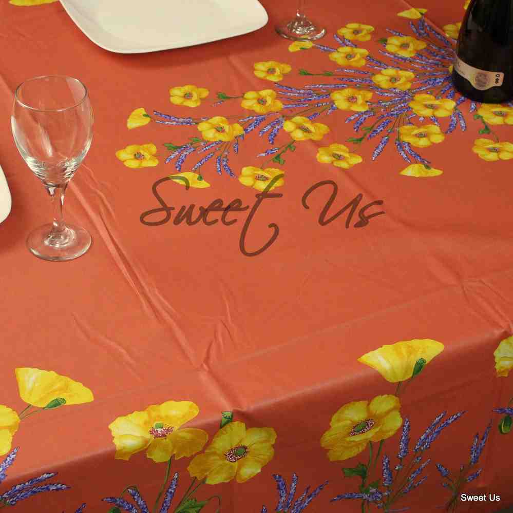 Wipeable Tablecloth Rectangle Spillproof French Acrylic Coated Poppy, Peach