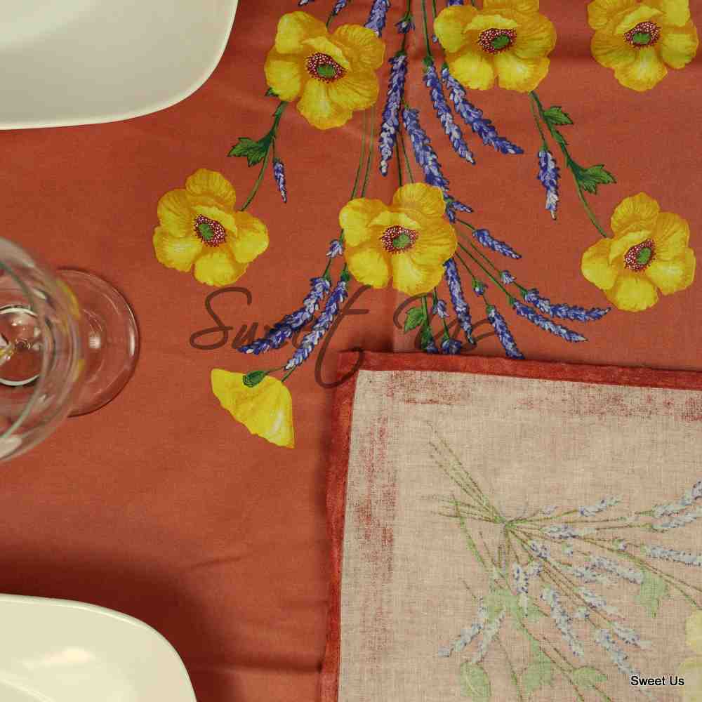 Wipeable Tablecloth Rectangle Spillproof French Acrylic Coated Poppy, Peach