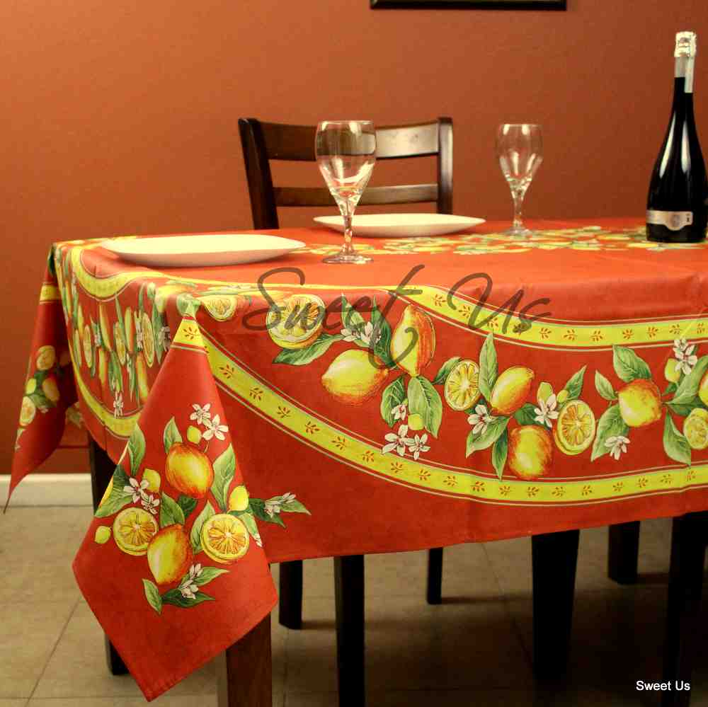 Le Citron Wipeable Acrylic Coated Cotton Tablecloth Round, 71 inches, Flame
