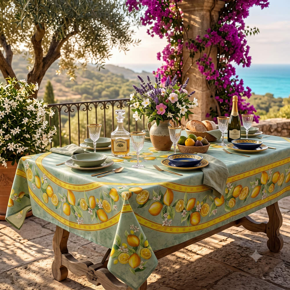 Citron de Menton Spill-Resistant Bordered Tablecloth — Sauge - Sweet Us