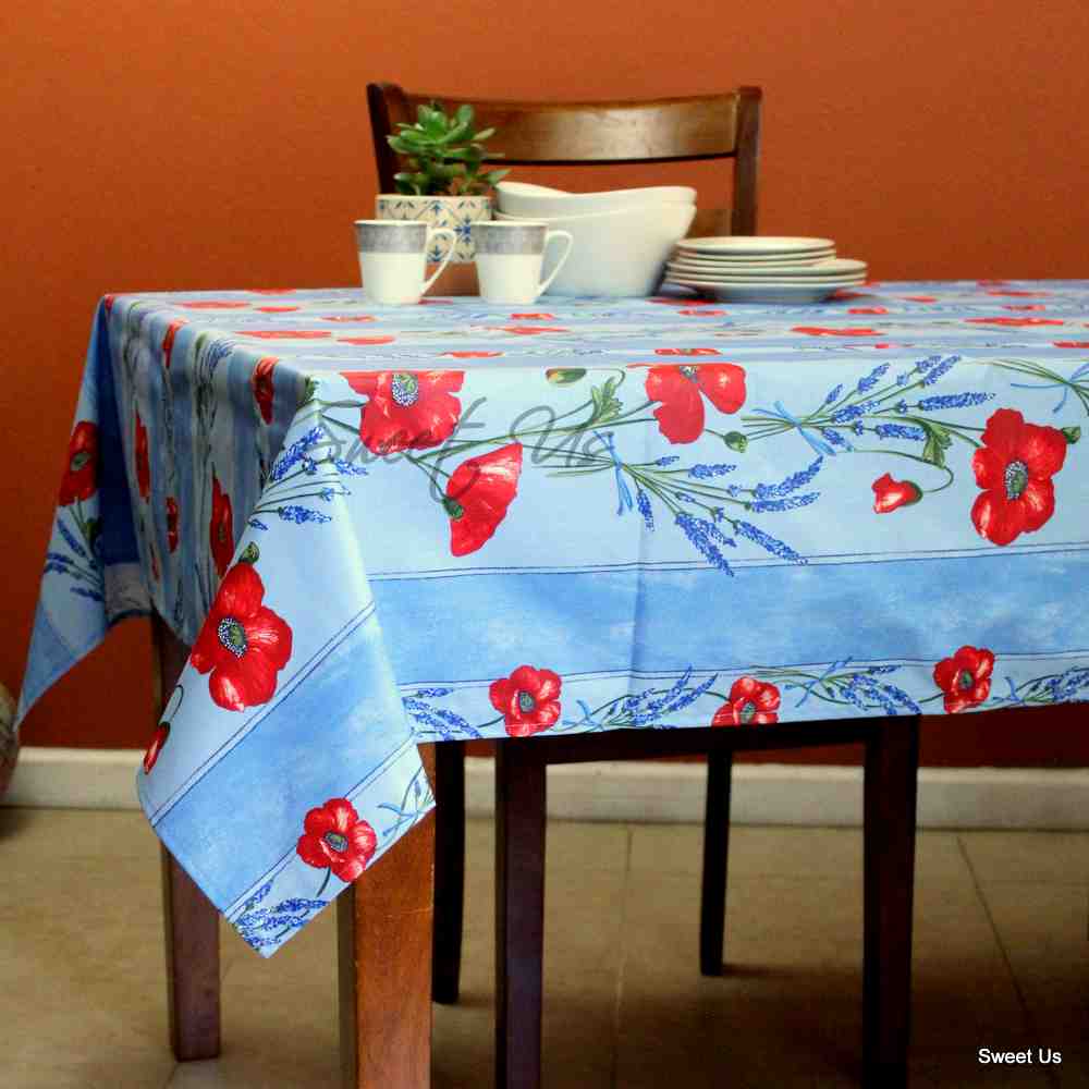 Wipeable Tablecloth Rectangle Spillproof French Acrylic Coated Poppy, Blue