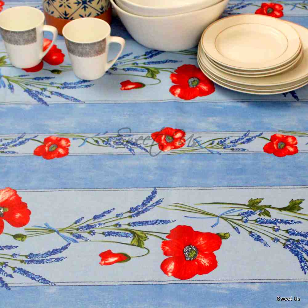 Wipeable Tablecloth Rectangle Spillproof French Acrylic Coated Poppy, Blue