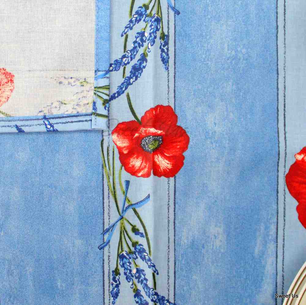 Wipeable Tablecloth Rectangle Spillproof French Acrylic Coated Poppy, Blue
