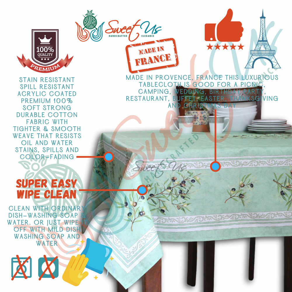Wipeable Tablecloth 60x98 Spillproof French Acrylic Coated, Olive, Aqua