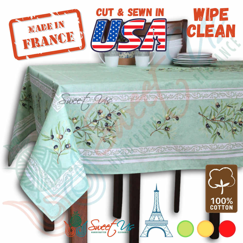 Wipeable Tablecloth 60x98 Spillproof French Acrylic Coated, Olive, Aqua