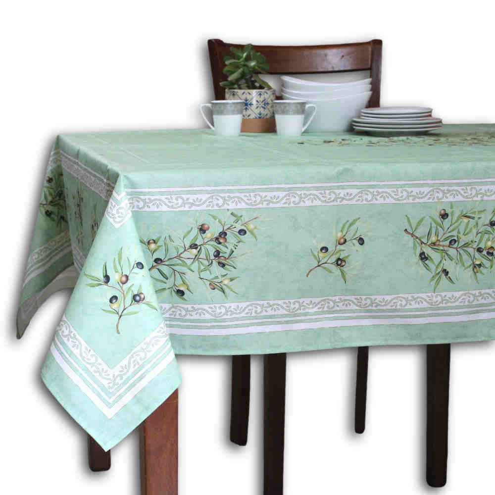 Wipeable Tablecloth 60x98 Spillproof French Acrylic Coated, Olive, Aqua
