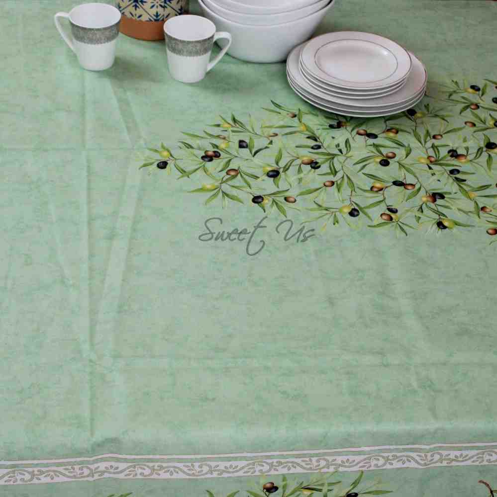 Wipeable Tablecloth 60x98 Spillproof French Acrylic Coated, Olive, Aqua