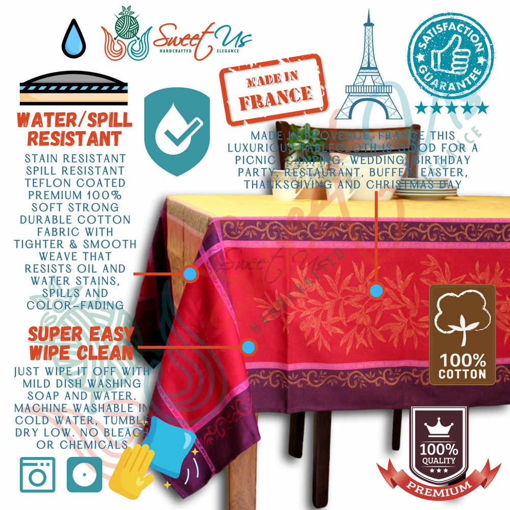 Wipeable Jacquard Tablecloth Rectangle Spill Resistant Cotton, Red Yellow