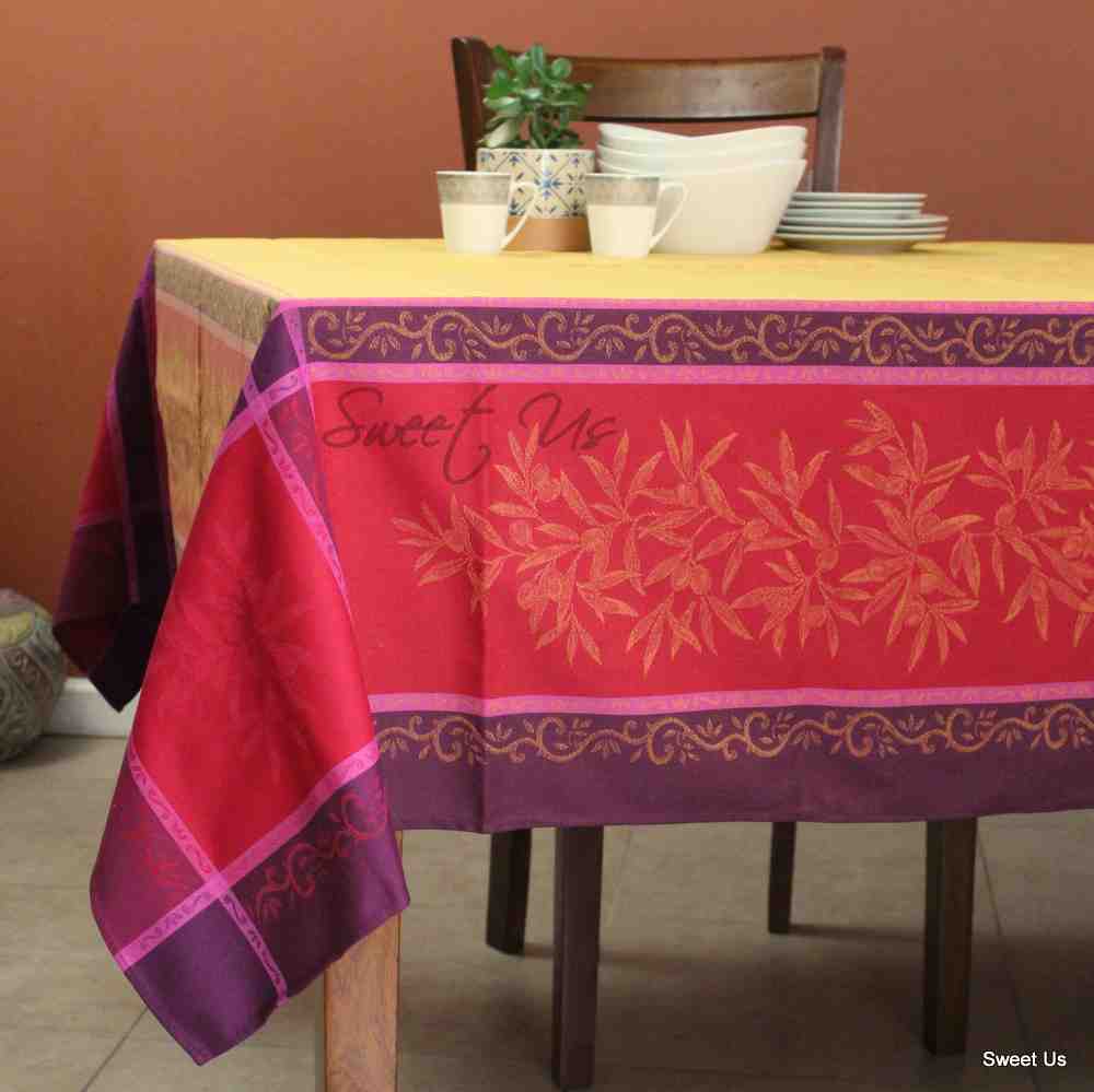 Wipeable Jacquard Tablecloth Rectangle Spill Resistant Cotton, Red Yellow