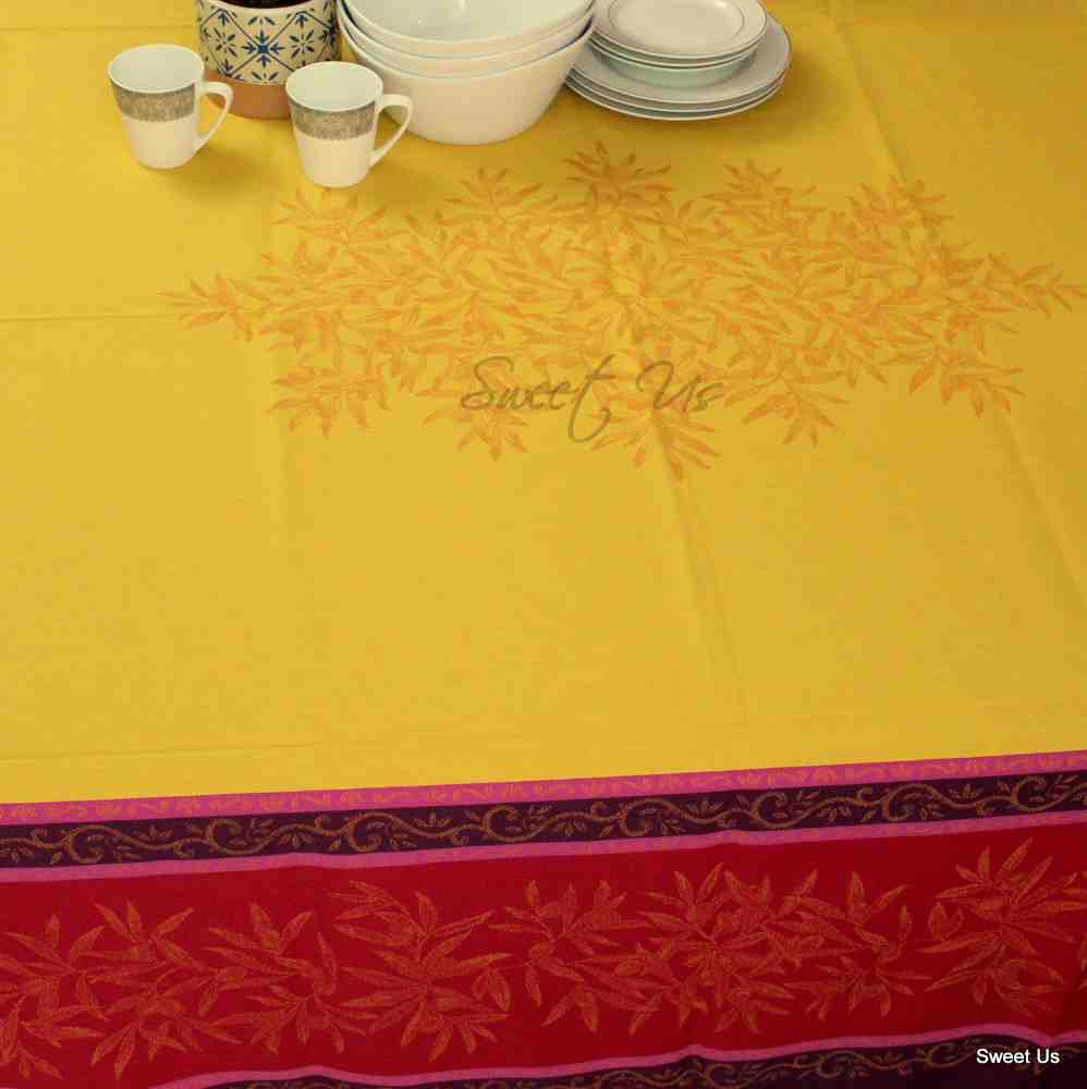 Wipeable Jacquard Tablecloth Rectangle Spill Resistant Cotton, Red Yellow
