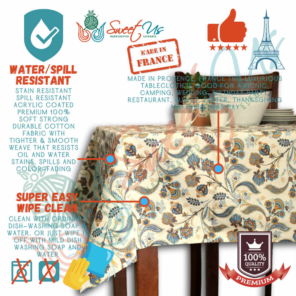 Wipeable Tablecloth Rectangle Spill Resistant French Acrylic Coated Floral Blue