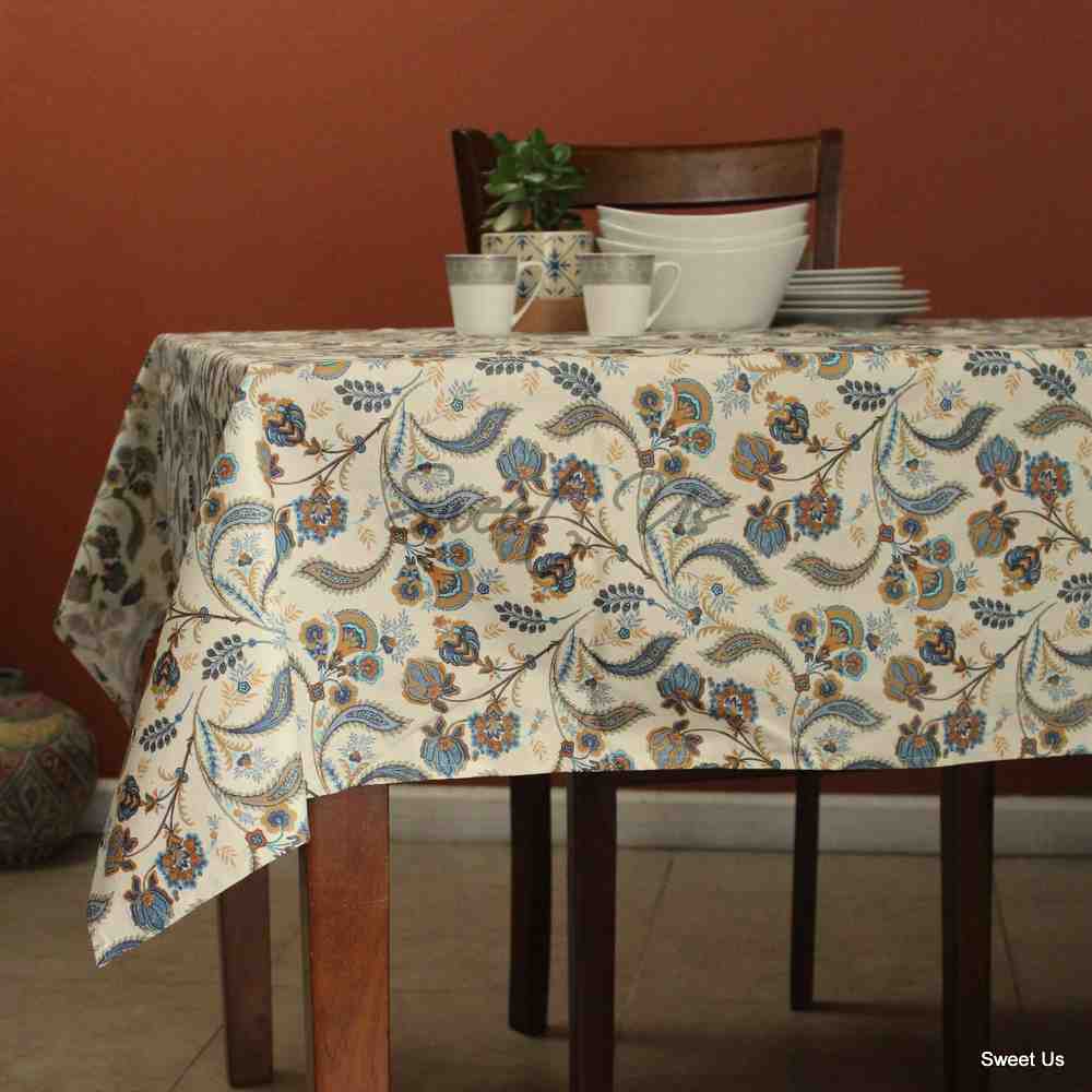 Wipeable Tablecloth Rectangle Spill Resistant French Acrylic Coated Floral Blue